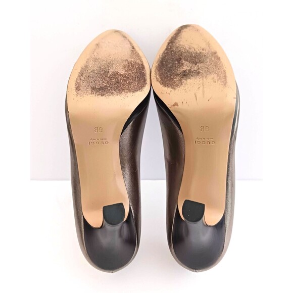 GUCCI Silver Blush Metallic Leather Platform Heels Sz 8 Made in Italy Wood Heel - Picture 12 of 16